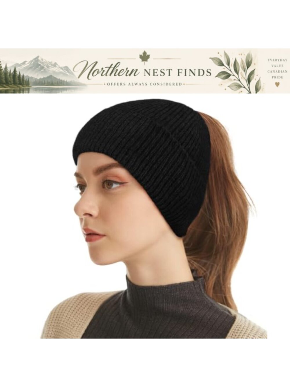 Ponytail Beanie Hat Women Knitted Winter Toque Messy Bun Stretch Slouchy